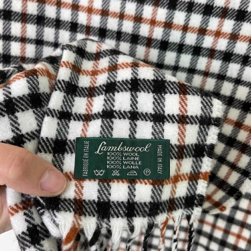Lambswool Womens Scarf Plaid Made In Italy Fringe White Black Brown Rectangle